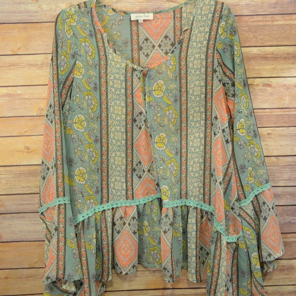 2/$15 - Grace & Lace - Sheer Top w/ Bell Sleeves